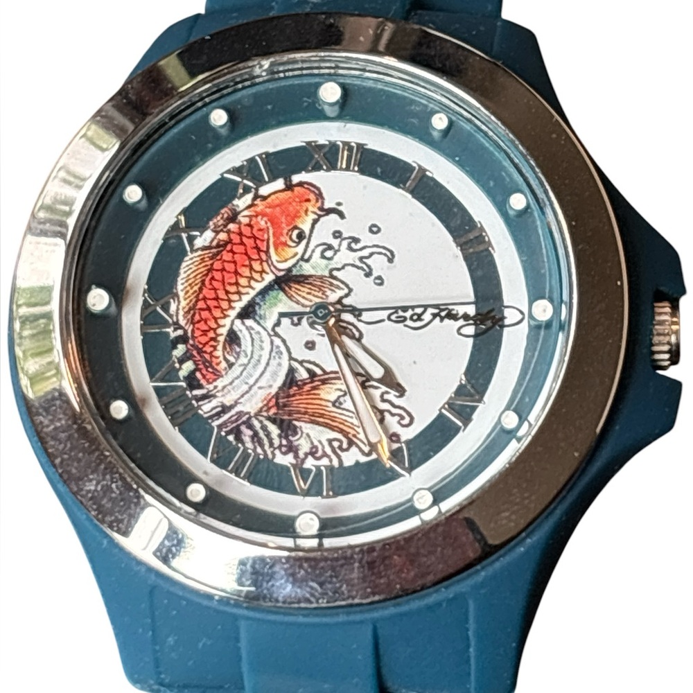 Ed Hardy Koi Fish Watch Blue Silicone Strap Large Face Tattoo Art